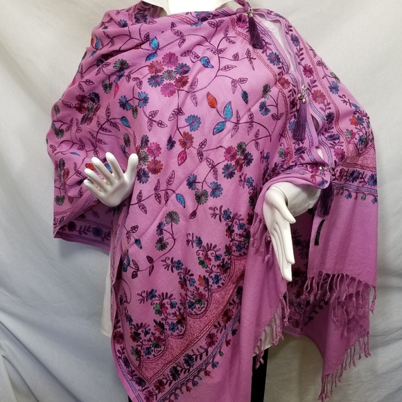 Purple Pink Embroidered Kashmir 100% Wool Scarf - Picture 6 of 6